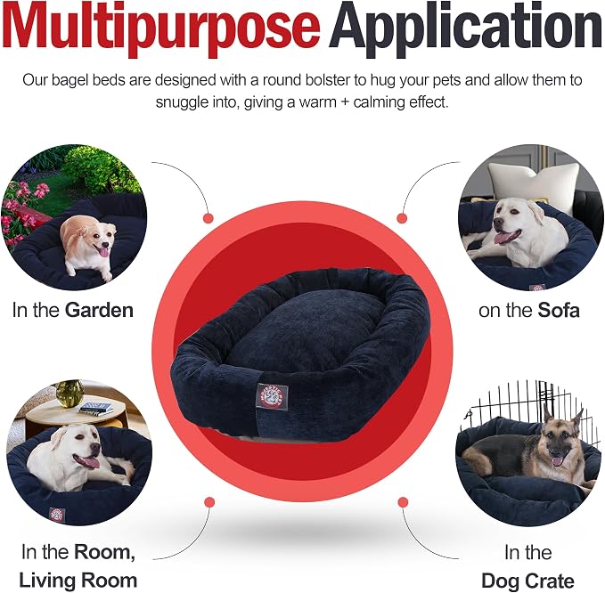 Majestic Pet 52 Inch Micro Velvet Calming Dog Bed Washable – Cozy Soft Round Dog Bed with Spine for Head Support - Fluffy Donut Puppy Mat 52x35x11 (inch) X- Large – Navy (2025) - Image 5