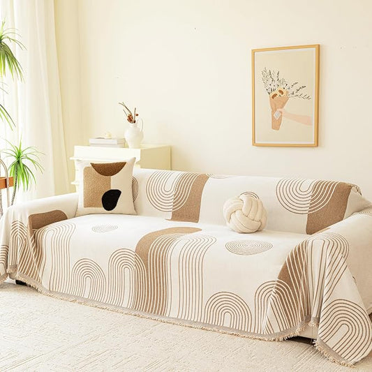 VANJOROY Boho Oversized Couch Sofa Cover for 3-4 Cushion Sectional Sofa L-Shape -Washable Chenille Couch Cover for Dogs Pets, Khaki Couch Cover Protector Soft Sofa Slipcovers with Tassel,91"x 150" by CHOOSEVANJOROYENJOYAMORECOMFORTABLEFEELING