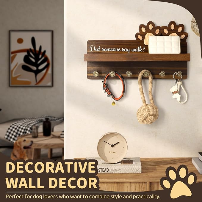 MTERSN Dog Leash Holder for Wall with Shelf – Wooden Key Holder Wall Mount with 6 Hooks & Floating Shelf – Cute Farmhouse Home Decor for Entryway, Living Room, Kitchen Decor(Dark Acacia) - Image 5