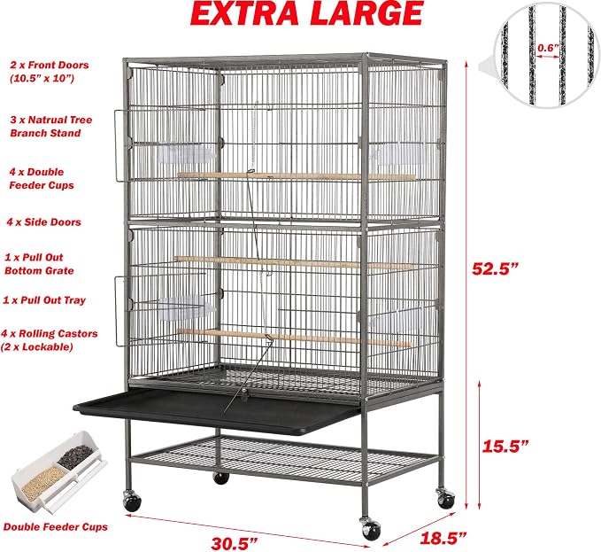 Extra Large Sturdy Wrought Iron Breeding Flights Canary Parakeet Cockatiel African Grey Lovebird Finches Parrot Home Cage Double Large Front Doors 4 Side Doors Bottom Storage Shelf On Lockable Wheels - Image 2
