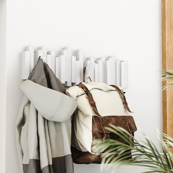 Umbra Sticks Wall Mount Coat Rack, 5 Hook Retractable Pegs, White | Mounting hardware included, sculptural modern design, entryway or bedroom use, recycled plastic - Image 8