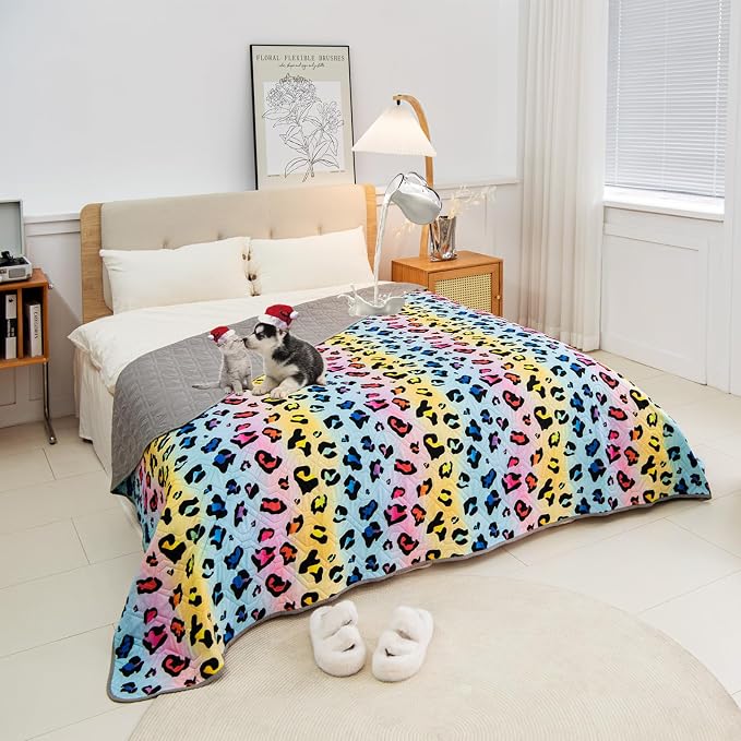 Waterproof Dog Bed Cover 68x82inch Reversible Pad Reusable Camping Mat for Kids/Pet/Dog/Cat Washable Geometric Embroidery Blanket Patchwork Rainbow Leopard Printed+Gray by Topthumbs