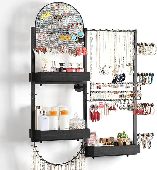 Keebofly Wall Mount Hanging Jewelry Organizer - Large Display Holder for Earrings, Rings, Necklaces, Bracelets, Watches and Perfume - Black by Keebofly