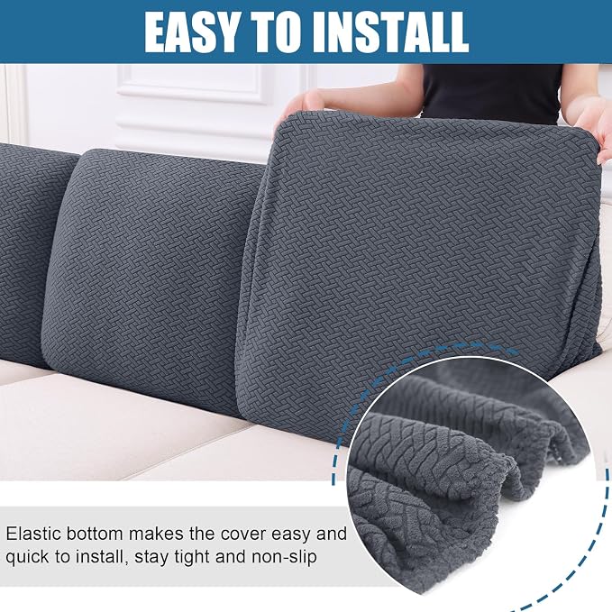 Smiry Waterproof Couch Cushion Covers, Non Slip Seat Cushion Covers | Stretch Jacquard Chaise Lounge Sofa Slipcover, Washable Elastic Furniture Protector for Pets, Back Cover L, Grey - Image 4