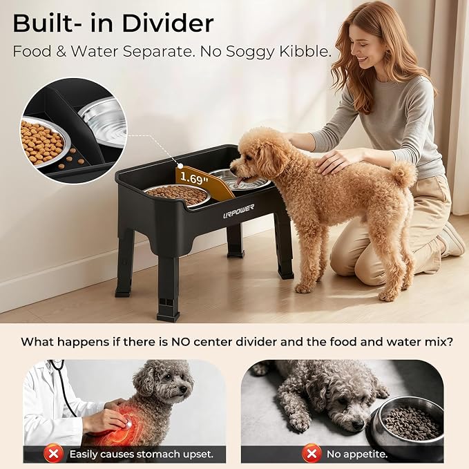 URPOWER Mess Proof Elevated Dog Bowls for Small Dogs with Splash Guard | 4 Height Adjustable Raised Stand with 2 Stainless Steel Food Bowls & Licking Plate for Small, Medium & Large Dogs - Image 4