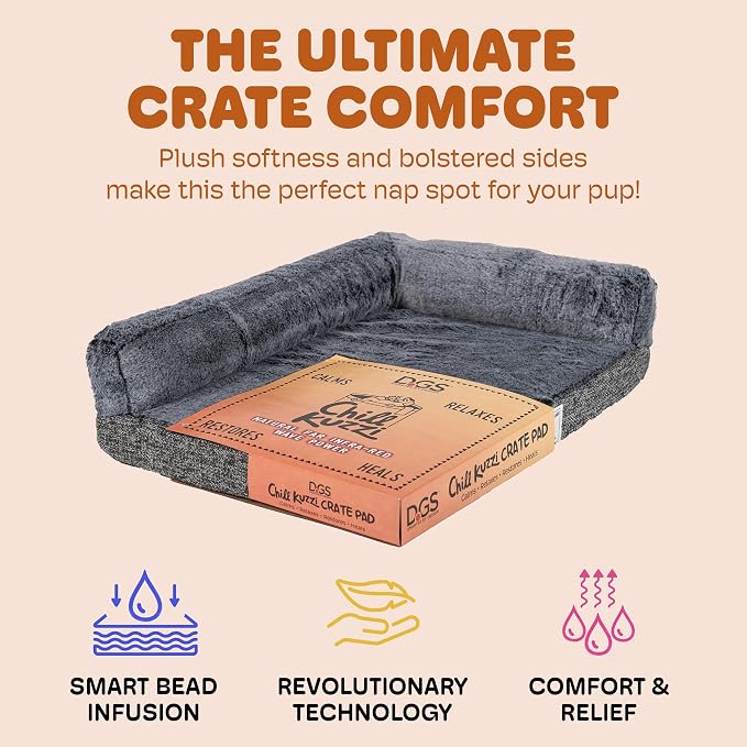 Dog Gone Smart Chill Kuzzi Dual Bolster Crate Pad - Washable Dog Bed Infused with Far Infrared Rays (FIR) -Supportive Plush Cushion for Crates, Travel, and Recovery - Slate Grey, Medium 18 x 29 Inches - Image 3