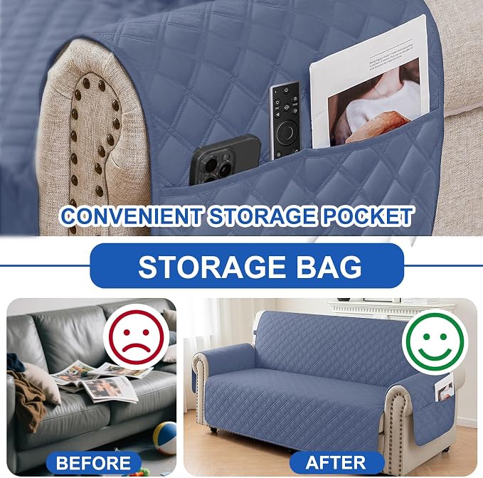 Waterproof Couch Cover for Pets, Sofa Covers for 3 Cushion Couch Washable, Non Slip Couch Covers for Dogs with Side Pockets Elastic Straps, Quilted Couch Covers for Sofa (Sofa, Greyish Blue) - Image 5