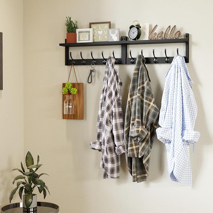 AMBIRD 34.2" Extra Long Wooden Wall Hook Rack with Shelf - Versatile and Decorative Wall-Mounted Storage with 10 Hooks for Coats, Hats, Keys - Ideal for Entryways, Bedrooms, Closets (Stylish Black) - Image 4
