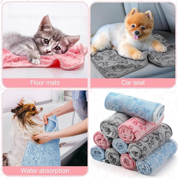 Tegeme 12 Pcs Pet Blankets 30 x 20 Inch Soft Fluffy Fleece Dog Cat Warm Paw Print Pattern Blankets Flannel Throw for Pets Dog Puppy Cat(Pink,Gray,Blue) - Image 5