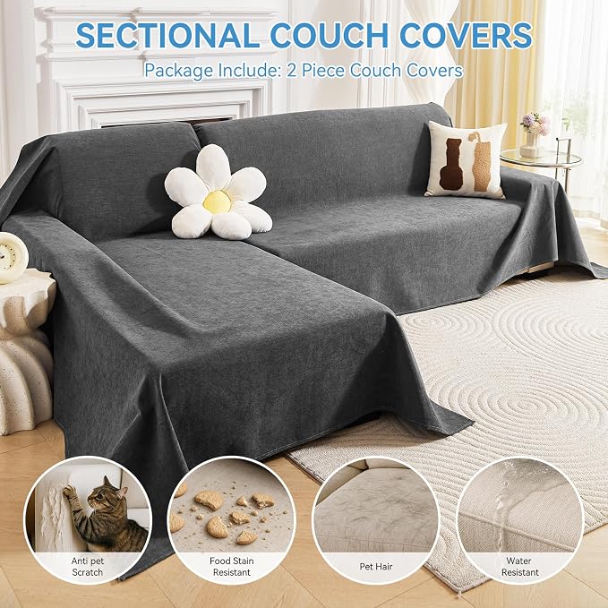 Deep Dream Sectional Couch Covers, 2 Pieces 100% Waterproof L Shaped Sofa Cover, Non Slip Couch Cover for Dogs Cats Washable, Pet Friendly Sofa Slipcovers Furniture Protector (XX-Large, Dark Grey) - Image 3