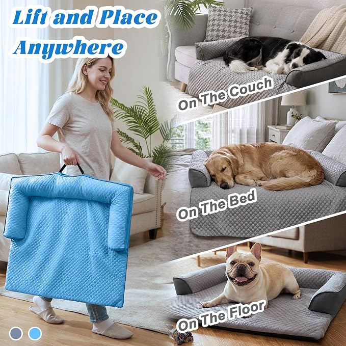 GGIB Cooling Dog Bed Mat with Bolster Pillow Washable Dog Couch Cover Breathable Summer Pet Couch Bed Protector Indoor(Large, Cooling Blue) - Image 7
