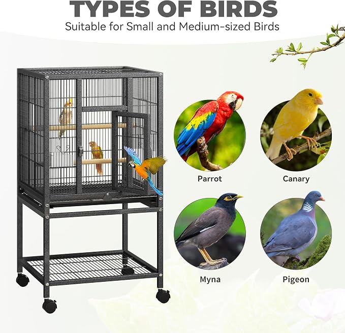 YITAHOME 41 inches Metal Bird Cage for Parakeets: Large Parrot Cages with Tray, Food Boxes, and Wooden Perches with Rolling Stand & Brakes for Lovebirds Cockatiels Pigeon Finches, Black | Large Parrot Cages with Tray, Food Boxes, and Wooden Perches wit... - Image 7