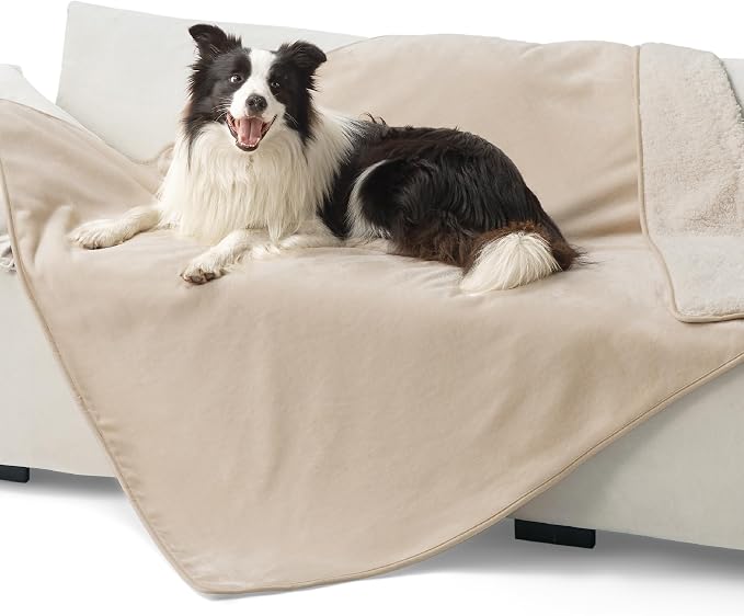 Bedsure Waterproof Dog Blankets for Large Dogs Sherpa Fleece Throw, 50X60 | Washable Soft Plush Pet Cat Blanket for Couch Cover, Reversible Cozy Calming Furniture Protector Warm for Senior Dogs,Cream by Unknown