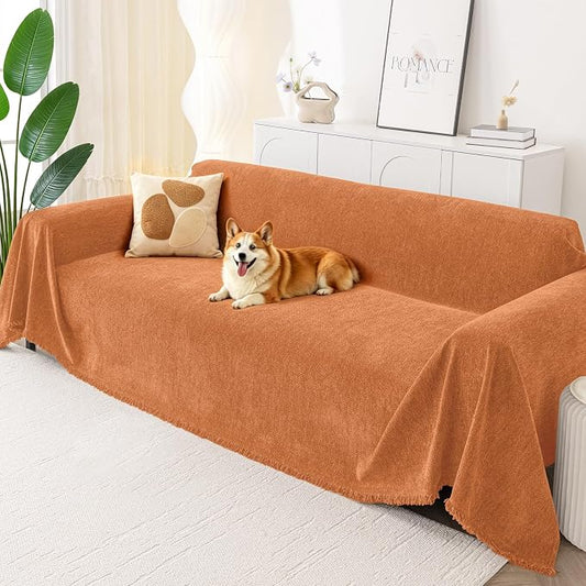 Smiry Couch Cover for Dogs, Chenille Sofa Covers for 3 Cushion Couch | Washable Soft Sofa Slipcover for Pets, Thick Sectional Furniture Protector with Tassels (Orange, 71x102 Inch) by Smiry