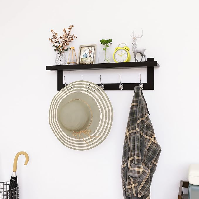 SMIBUY Coat Hooks with Shelf Wall-Mounted, 29.2 Inch Entryway Coat Rack for Wall, Bamboo Hanging Shelf with 5 Double Metal Hooks for Bathroom, Bedroom, Kitchen, Living Room, Mudroom (Black+Silver) - Image 2
