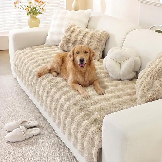 OstepDecor Faux Fur Couch Covers for Sofa, Soft Plush Sofa Covers Washable | Non Slip Dog Couch Protector, Pet Hair, Dirt & Wear Protection, Fits Sofas, Loveseats & Sectionals, 35.4" x 63", Khaki by OstepDecor