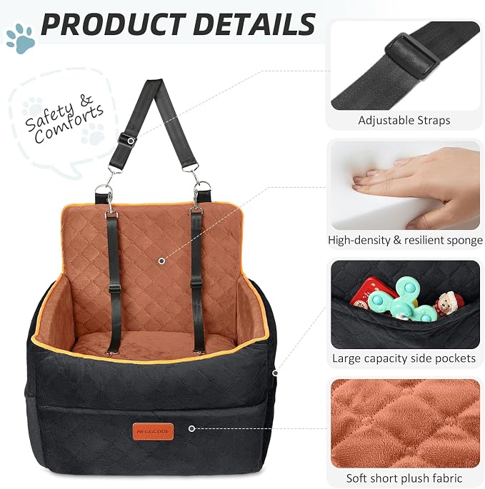 HEGGCOOE Small Dog Car Seat, Memory Foam Dog Booster Seats with Thick Cushion for Medium Dogs Under 35lbs, Detachable Washable Pet Car Seat Travel Bed with Storage Pockets,2 Safety Belts - Image 4