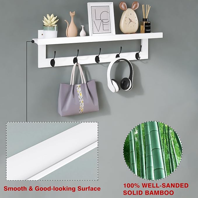 SMIBUY Coat Hooks with Shelf Wall-Mounted, 29.2 Inch Entryway Coat Rack for Wall, Bamboo Hanging Shelf with 5 Double Metal Hooks for Bathroom, Bedroom, Kitchen, Living Room (White + Black) - Image 7