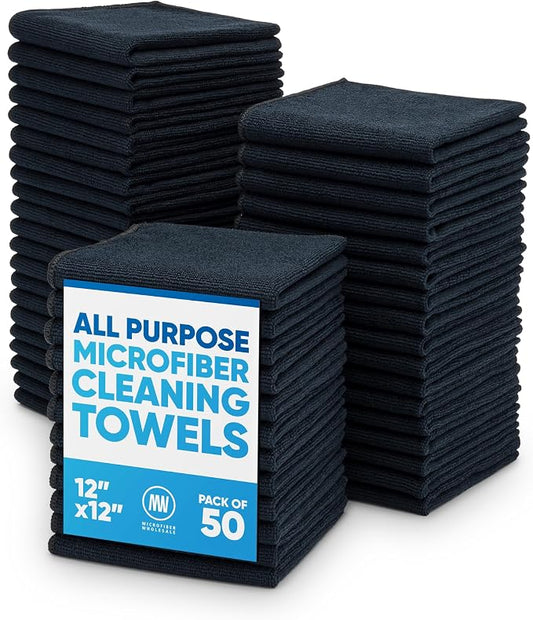 Microfiber Wholesale 12" x 12" Cleaning Cloths (50 Pack) Reusable Towels, Wash Rags, Dust Cloth, All-Purpose: Kitchen, Dish, Cars, Shop, Glass (Black) by MicrofiberWholesale