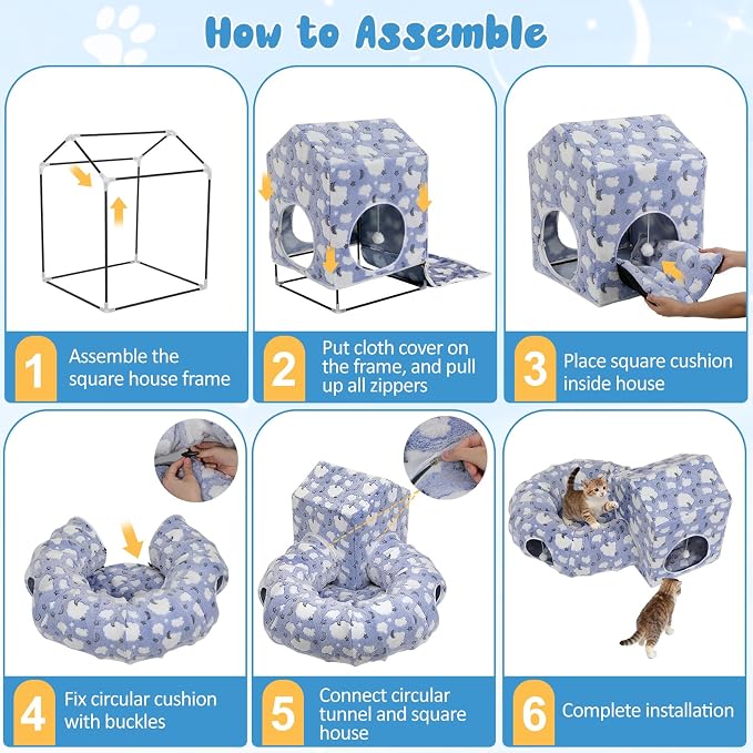Pawaboo Cat Tunnel Bed for Indoor Cats, Cute Cat Donut Tunnel with Square House, Peekaboo Pet Cave Play Tunnels with Cave for Kitten/Rabbit, Basic Soft Blue - Image 7