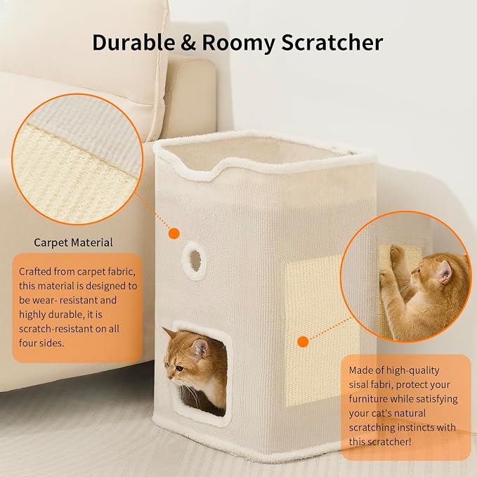 Cat House, Cat Beds for Indoor Cats, 2-Story Cat Condo Cube | Cat Bed Cave with Scratch Pad and Fluffy Ball Hanging, Multi-Level Cozy Hideout Center Ideal for Small/Medium Cats - Image 3