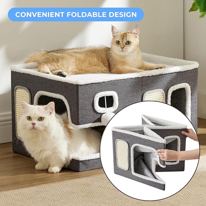 ZOMISIA Extra-Wide Cat House for Indoor Cats - Large Cat House for Pet with Fluffy Ball Hanging and Scratch Pad, Foldable Cat Hideaway for Multi Cats, 23x16.5x13 inches, Navy - Image 4