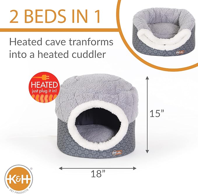 K&H Heated Cat Bed, Thermo-Pet Nest Indoor, Safety Listed, Small Gray, 4W | Removable Waterproof Cat Heating Pad, 2-in-1 Heated Pet Cave Tent & Cuddler Warming Bed, Machine Washable, 18x15in - Image 2