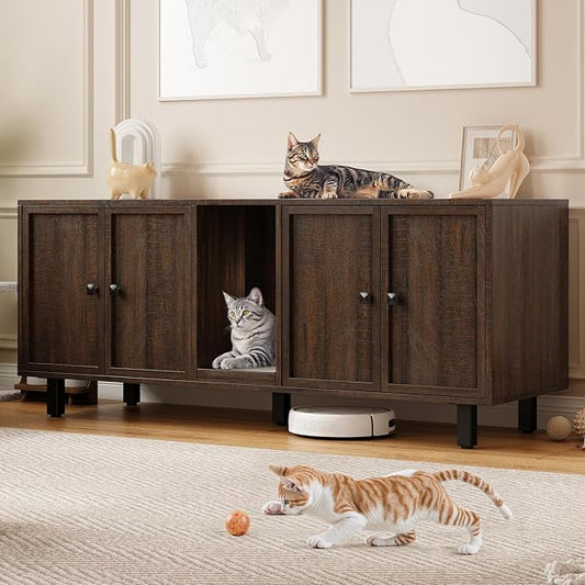 ONBRILL 59 Inches Cat Litter Box Enclosure for 2 Cats, Hidden Litter Boxes Furniture with Cat Scratch Pad, Large Indoor Pet House with Double Room, Wooden TV Stand Side Table, Brown by ONBRILL