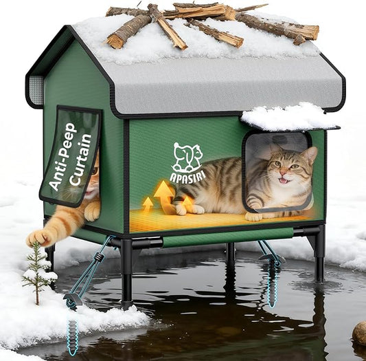 Heated Cat House Weatherproof - Insulated Outdoor Cat Shelter with Thermostatic Heating Pad, Water Resistant 900D Oxford Feral Cat House with Anti-Peep Curtains Escape Door for Winter, Medium by Apasiri