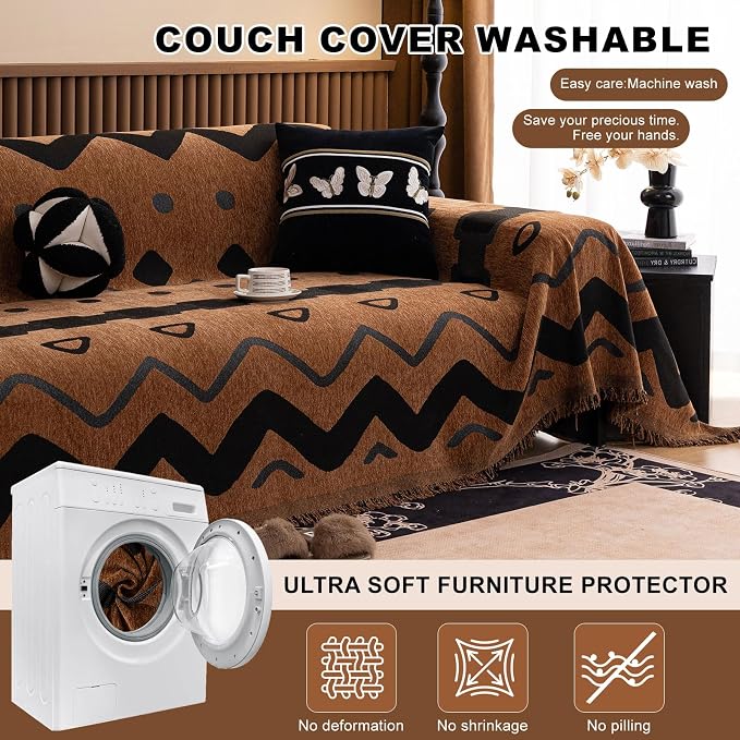 ROOMLIFE Dark Brown Couch Cover 3 Cushion Sofa, Washable Non Slip Furniture Sofa Protector Cover, Soft Chenille Sofa Slipcovers Sectional L Shape Dogs Couch Cover Throw Blanket with Tassels71''X150'' - Image 6