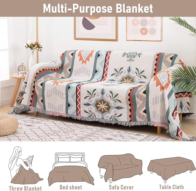 Homcosan Sofa Slipcovers Towel Reversible Geometrical Couch Cover for 3 Seat Sofa Blanket Boho Sofa Cover Sectional Couch Cover with Tassels Couch Protector for Pets, Kids - Image 6