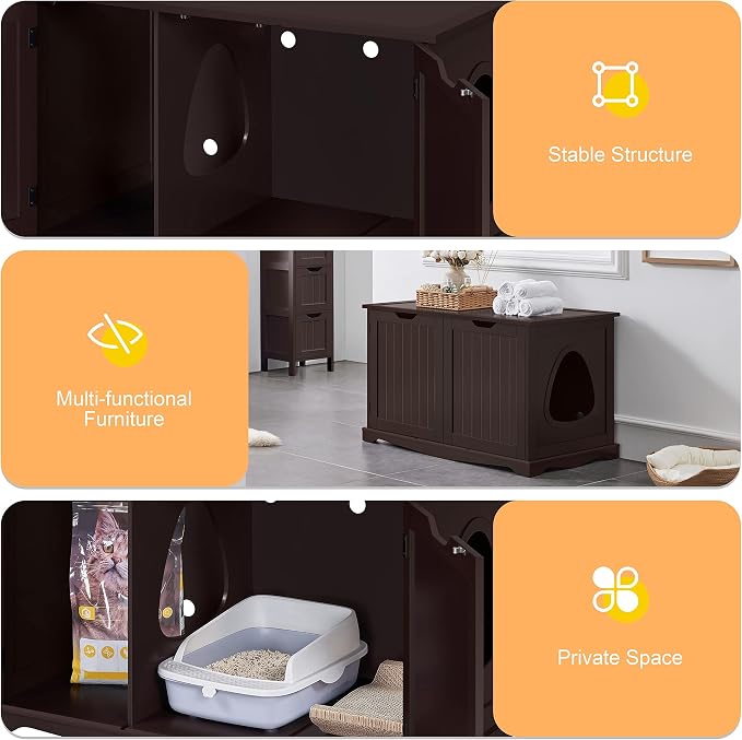 Yaheetech Cat Litter Box Enclosure, Litter Cabinet Furniture Hidden, Wooden Pet Crate Kitty Washroom Storage Bench with Divider Home Loo Indoor Cat House Espresso - Image 4