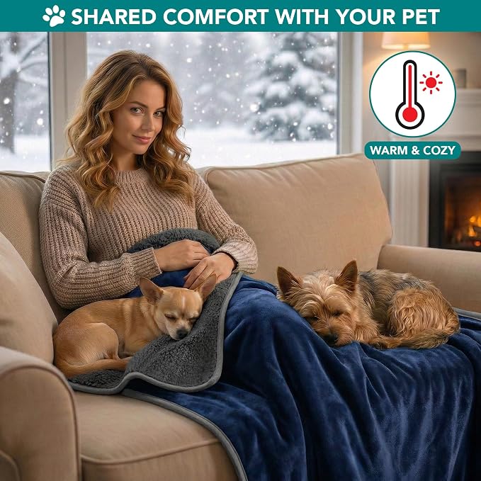 PETAMI Sherpa Fleece Waterproof CAT and Dog Blanket, Navy/Gray, Large - Image 7