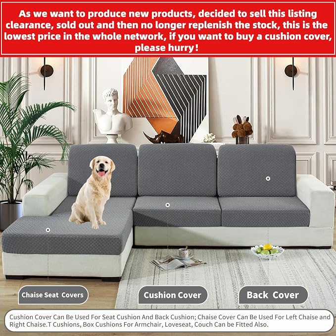 【Clearance】 Sectional Couch Covers for L Shaped Chaise Lounge 1 Piece Separate Cushion Couch Universal Replacement Large Checkered Furniture Protector with Elastic Bottom (Chaise Cover, Light Gray) - Image 3