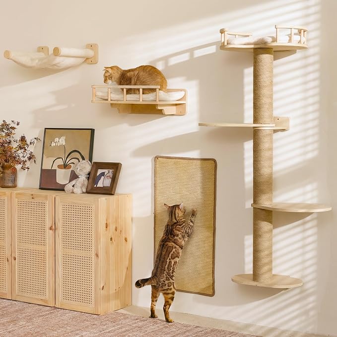 FUKUMARU Cat Wall Shelves, 4 in 1 Set, Beige | Stable Wooden Wall-Mounted Furniture Set, Climbing Tree with Hammock, Bed, Perch and Scratching Mat by FUKUMARU