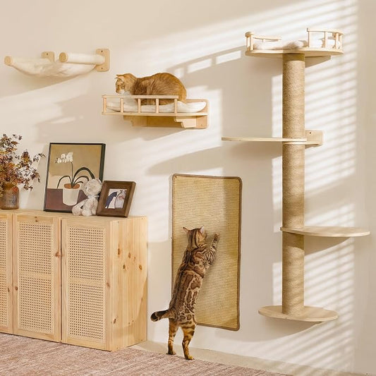 FUKUMARU Cat Wall Shelves, 4 in 1 Set, Beige | Stable Wooden Wall-Mounted Furniture Set, Climbing Tree with Hammock, Bed, Perch and Scratching Mat by FUKUMARU