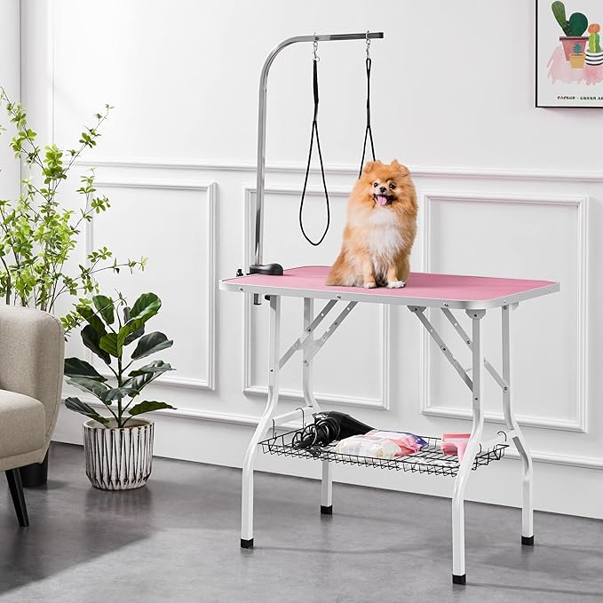 Yaheetech 36'' Dog Grooming Table, Adjustable Pet Foldable Grooming Table w/Double Loops/Mesh Tray Maximum Capacity Up to 220lbs, Pink - Image 2