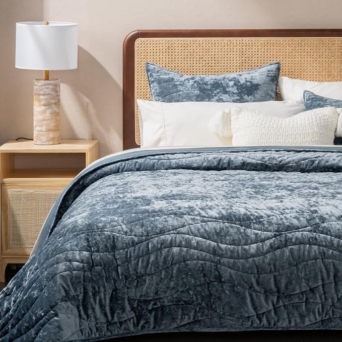 EverGrace Luxury Wave Crushed Velvet Quilt Set, King Size, Stormy Blue | Luxurious Soft, Lightweight Velvet Comforter, Cozy Plush Oversized Bedspread Coverlet for All Season, with 2 Shams - Image 5