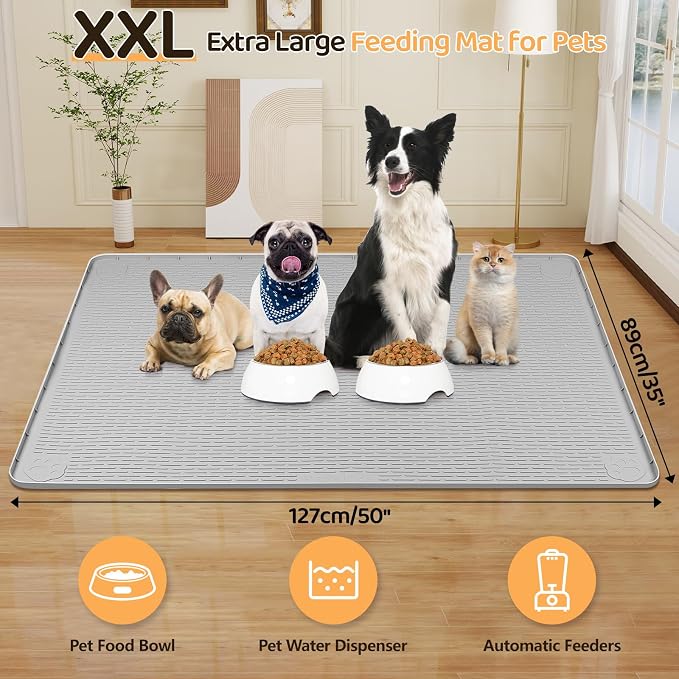 Dog Food Mat 50''x35'' Extra Large Dog Mat for Food and Water, Light Grey | Silicone Dog Bowl Mat with Raised Edge, Waterproof Non-Slip Pet Feeding Mat for Floors, fit for Dog Cat Bowls - Image 2