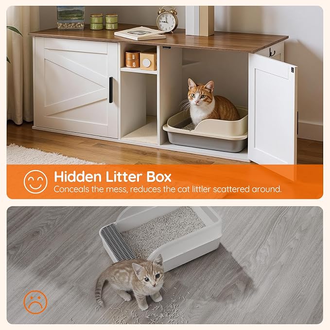 HOOBRO Double Litter Box Enclosure, Modern Cat Litter Box Furniture with Storage and Mat Design, Farmhouse Hidden Litter Box Enclosure with 2 Hooks, White and Walnut WH23MW01 - Image 6