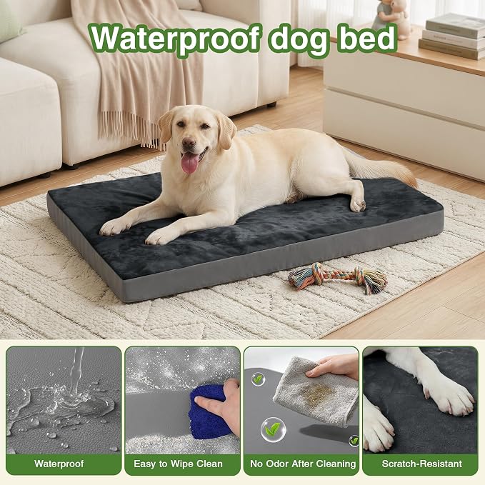 Waterproof XL Dog Bed Outdoor Orthopedic Washable Extra Large Crate Pad 42" | XLarge Foam Pet Bed, Durable Removable Cover, Reversible Faux Leather & Flannel, Anti-Sli Kennel Pad 41"x27" Dark Gray - Image 2