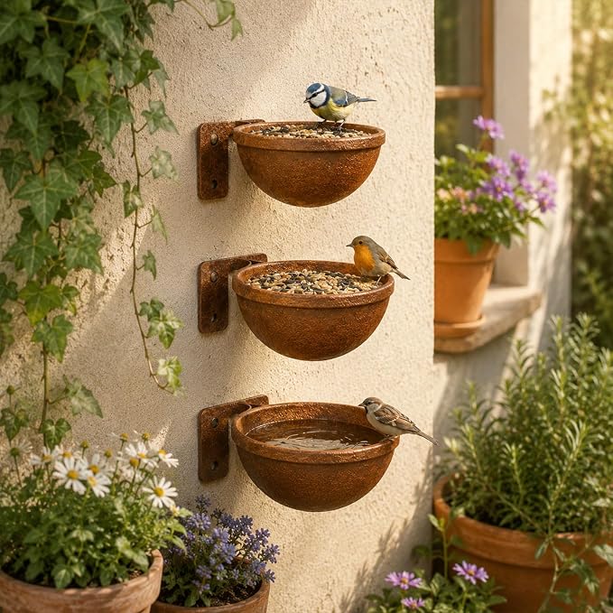 Rustic Wall Mounted Bird Feeder Bowls 3 Pack, Metal Bird Bath & Bird Seed Bowls for Wall, Fence or Tree, Vintage Outdoor Bird Water Feeder Set with Screws for Garden Decor - Image 9