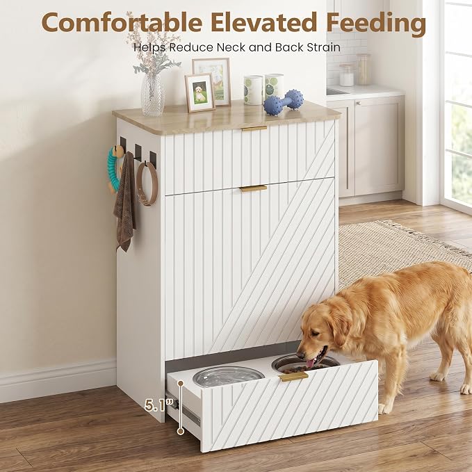 Dog Feeding Station Cabinet, Elevated Bowls with Slow Feeder Insert, White | Slow Feeder Insert, Large food bin, Removable Divider, 3 Side Hooks, Pull-Out Drawer, Easy to Clean for Small & Middle Dogs - Image 4