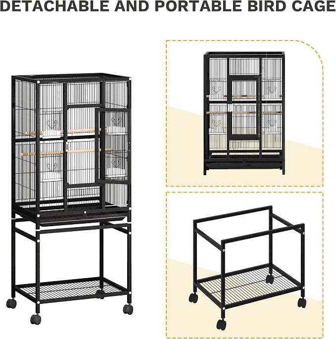 DWVO 53.9-Inch Metal Bird Cage | Large Parrot Cages with Seed Catcher & Cover - Rolling Stand with Brakes - Image 4