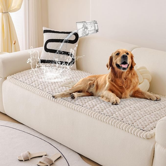 STACYPIK Waterproof Cream White Couch Covers for Dogs, Non Slip Pets-Scratch Resistant Sofa Covers, Fluffy Coral Soft Cushion Protector for 3 Cushion Couch, Washable Pet Friendly Bed Mats-27.6x82.7IN by STACYPIK