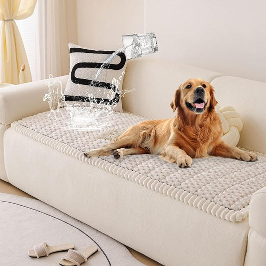 STACYPIK Waterproof Cream White Couch Covers for Dogs, Non Slip Pets-Scratch Resistant Sofa Covers, Fluffy Coral Soft Cushion Protector for 3 Cushion Couch, Washable Pet Friendly Bed Mats-27.6x70.9IN by STACYPIK