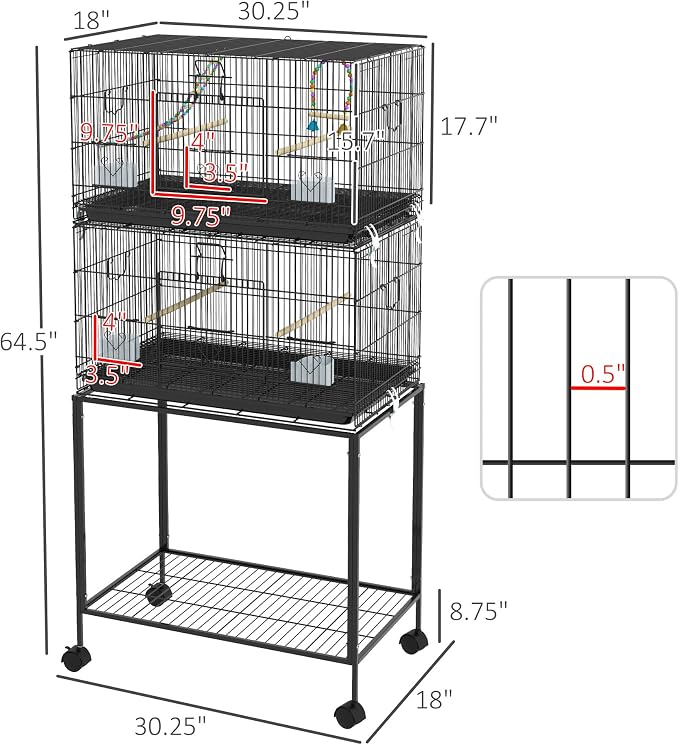 PawHut Double Stackable Bird Cage with Stand for Canaries, Lovebirds | Wooden Swing, Rope Ladder & Wheels, Budgie Cage, Storage Shelf, Removable Tray, Wooden Perches & Food Containers, Finches - Image 7