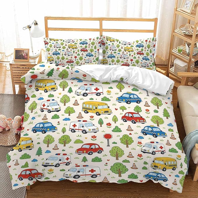 AILONEN Street Car Full Duvet Cover Set 3 Piece, Taxi Tree Printed Bedding with 2 Pillowcases, Microfiber Zipper Closure, Teen Guest Bedroom by AILONEN