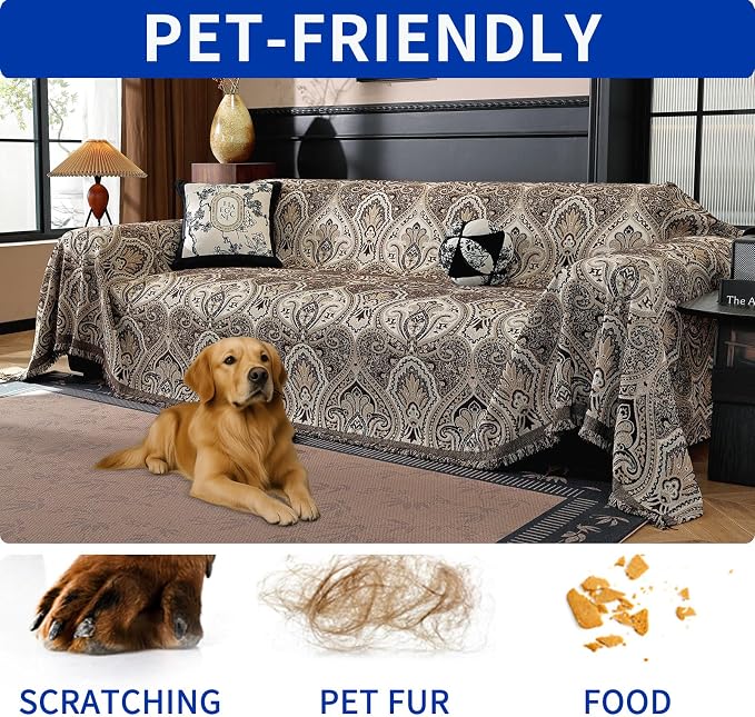 Vintage Couch Covers for Sofa Washable Sofa Covers for 3 Cushion Couch Non Slip Couch Covers for sectional Sofa Chenille Jacquard Furniture Protector for Dogs Pet Friendly Brown, 71"x102" - Image 5