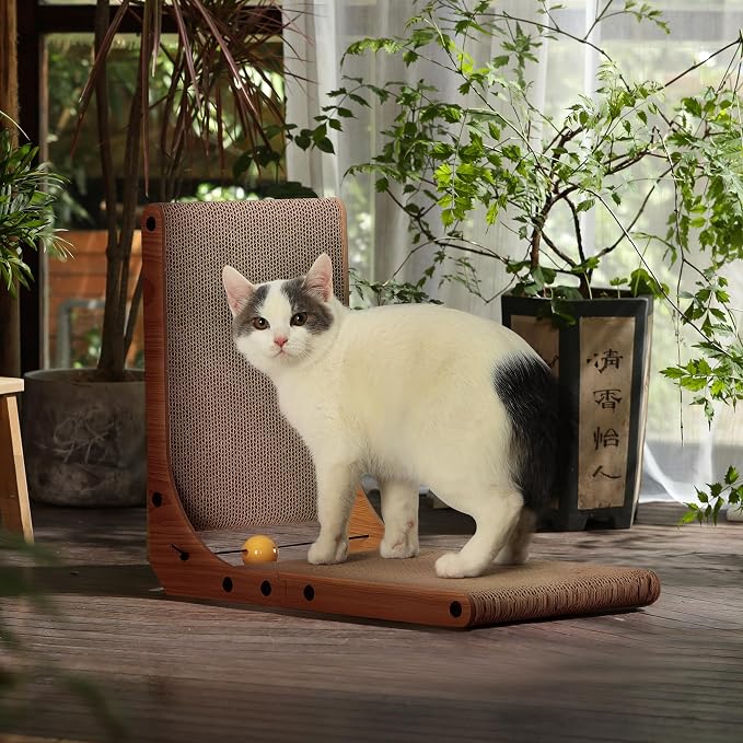 FUKUMARU Cat Scratcher, 18.9 Inch L Shaped Cat Scratch Pad for Indoor Cats | Vertical Cat Scratching Board with Ball Cat Toy, Cardboard Cat Scratcher for Wall Sofa Couch, Kitten Scratching Post - Image 8